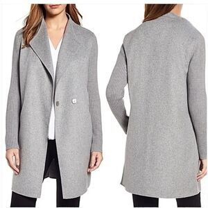 Kenneth Cole Wool Blend Gray Coat Knit Ribbed Sleeves Size L